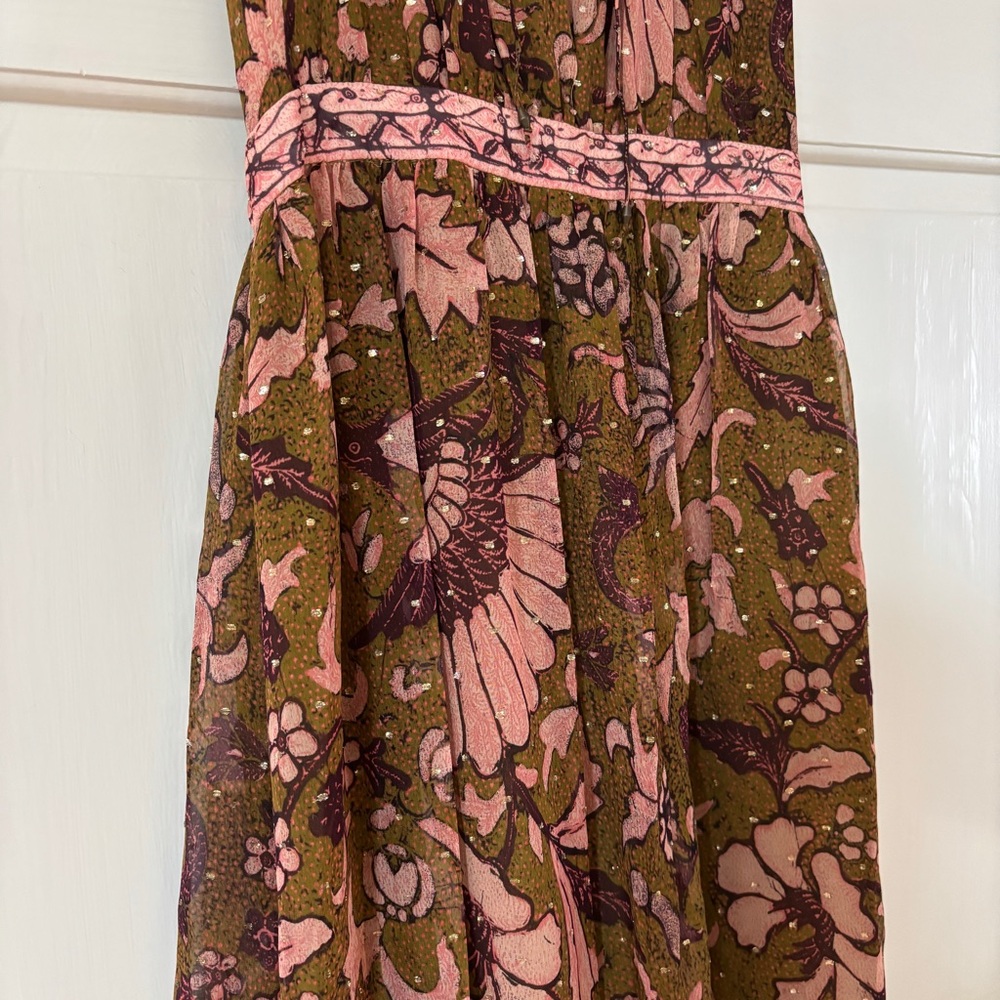 Ulla Johnson RARE Celestia Floral Batik Print Midi Dress Olive Ruffl Silk Size 6 - Picture 6 of 17